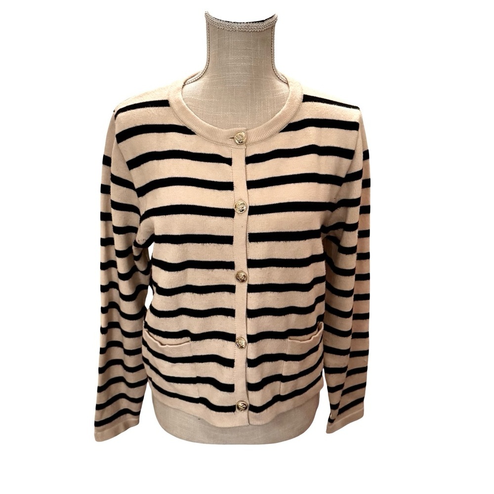 Striped Knit Cardigan with Gold Buttons - Apricot and Black - Picture 3 of 12